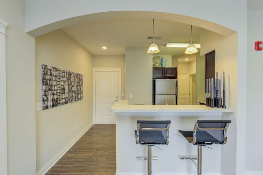 Kitchen and entryway of an apartment with bar counter, hanging lights, and archway.