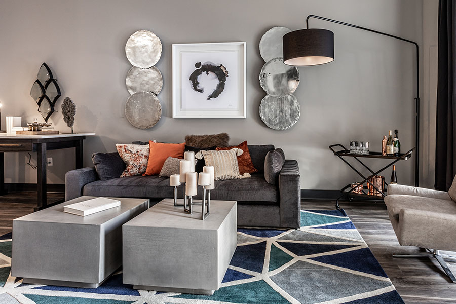 Modern gray living room at Spark Apartments