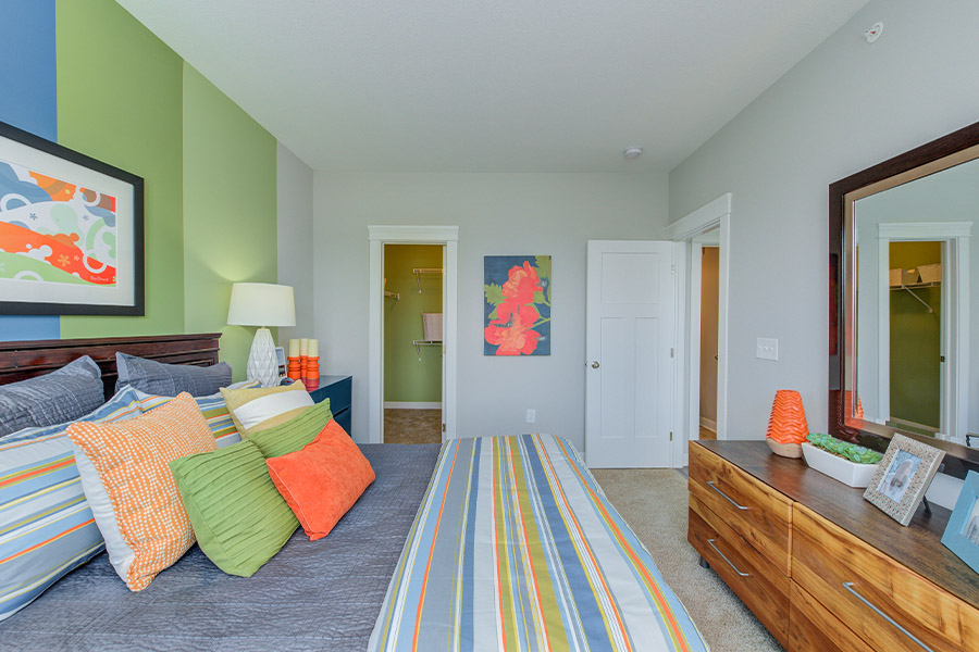 Colorful bedroom located at Lakeside apartments