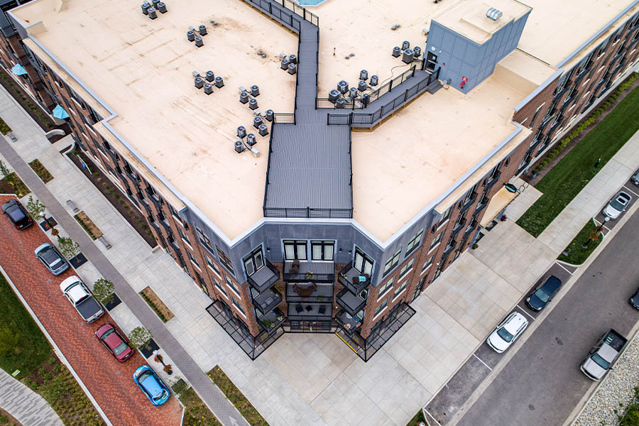  Midtown Flats bird eye view of the building and sidewalks.